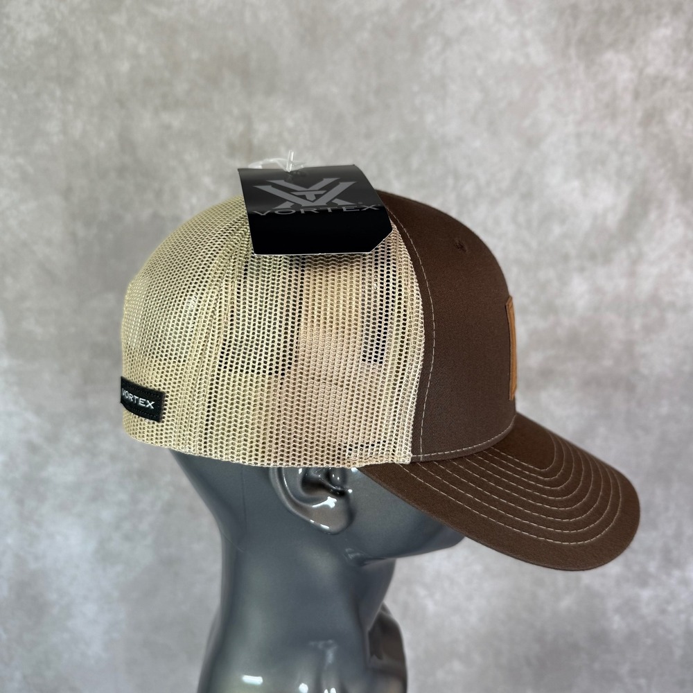 Vortex Optics Trucker Hat Men OSFM Brown Tan Solid Mesh Back Leather Logo Patch - Picture 4 of 7